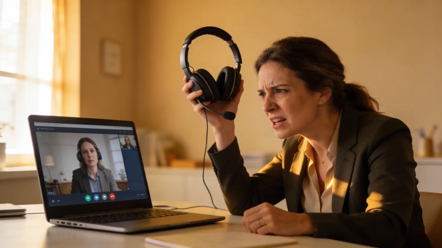 Woman in home office, over-ear headphone, video call experiencing technical issues