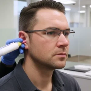 Marcus macht eine Abformung des Gehörgangs beim Hörakustiker