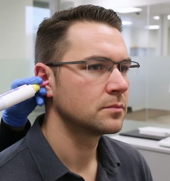Marcus takes an impression of the ear canal at the hearing care professional
