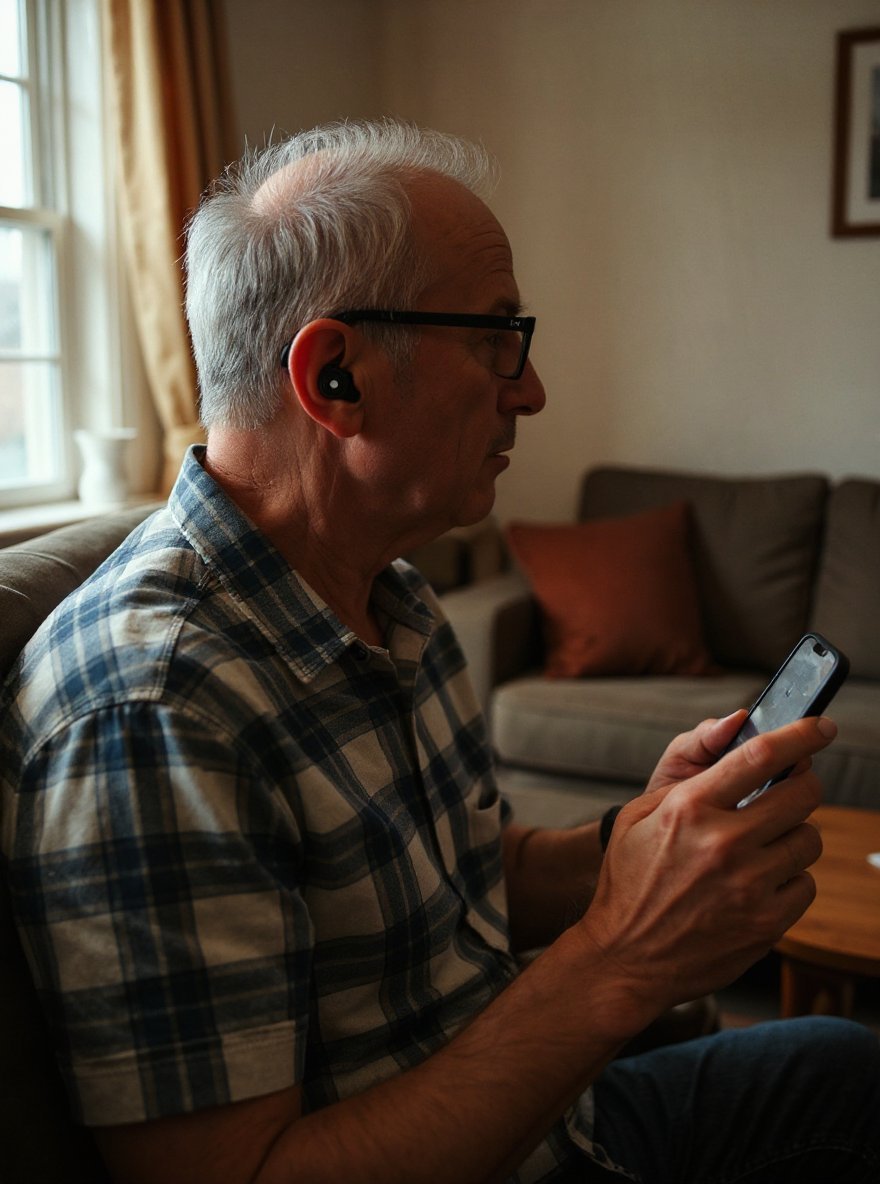 Älterer Mann mit Custom In-Ear-Kopfhörer im Wohnzimmer