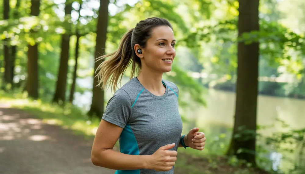 A woman running in the forest wearing Orphit